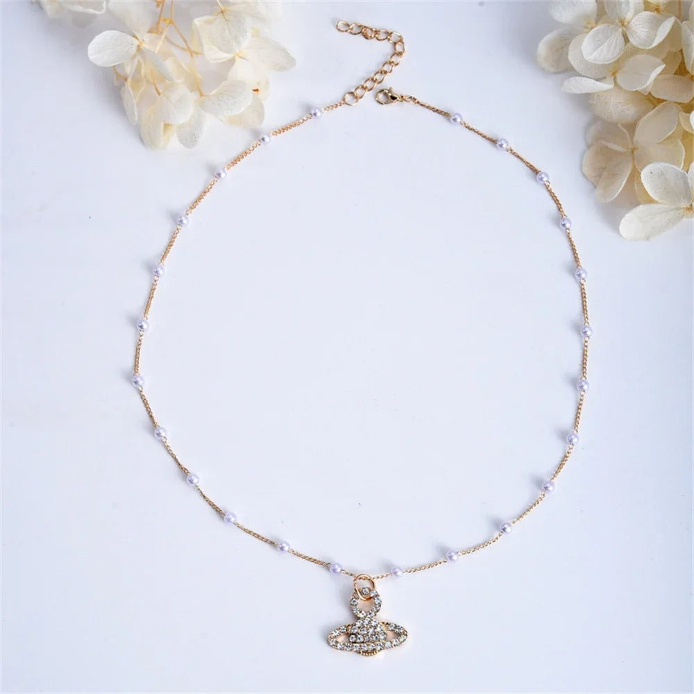 Cute Star Zircon Necklace for Women Planet Pendant Bead Chain Jewelry Girlfriends Party Gift