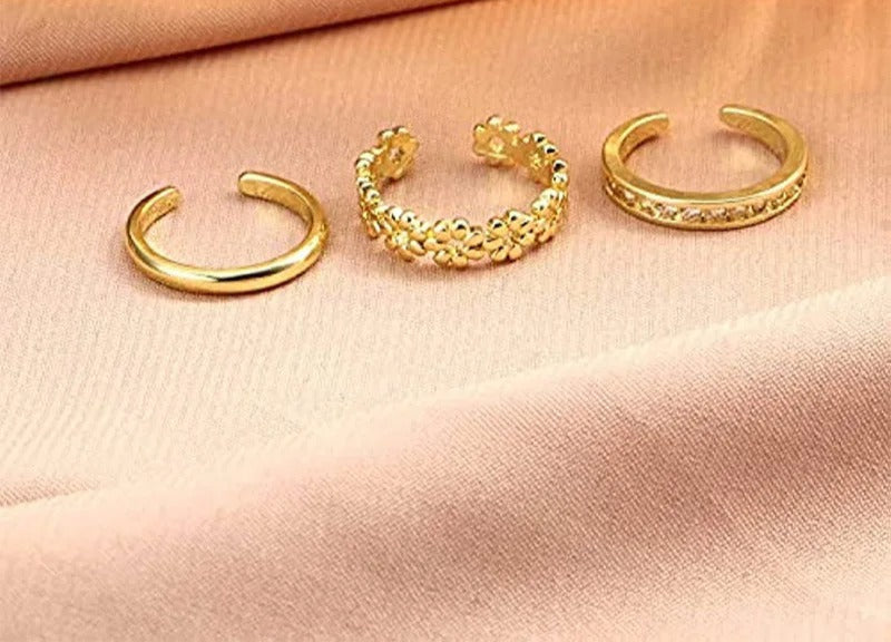3-Piece Adjustable Toe Ring Set Gold Plated Flower Summer Jewelry