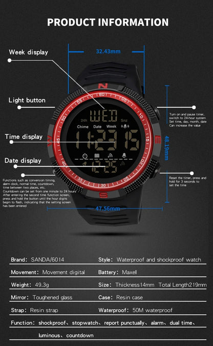 SANDA 6014 Top Brand Waterproof Men Watch Multifunctional Luminous Digital Wristwatch Outdoors Sports Student Watches Fashion