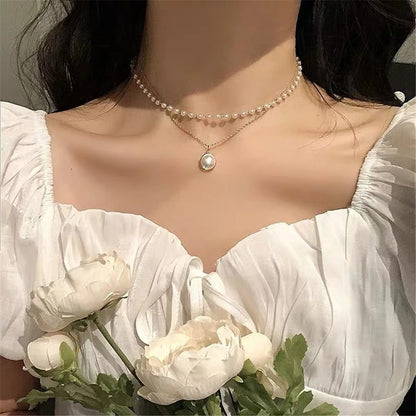 Double Layer Pearl Choker Necklace & Bracelet for Women Girls