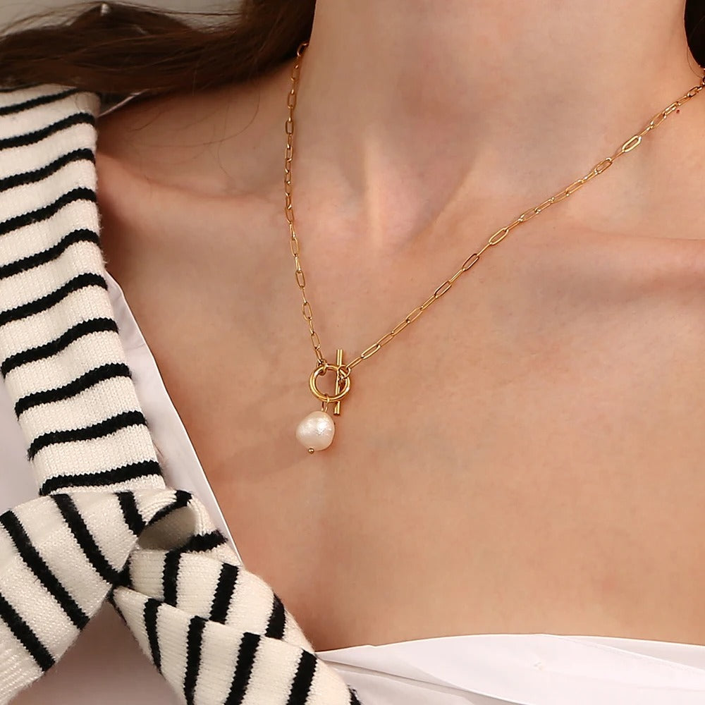 Freshwater Pearl Pendant Necklace Stainless Steel Gold Plated Women