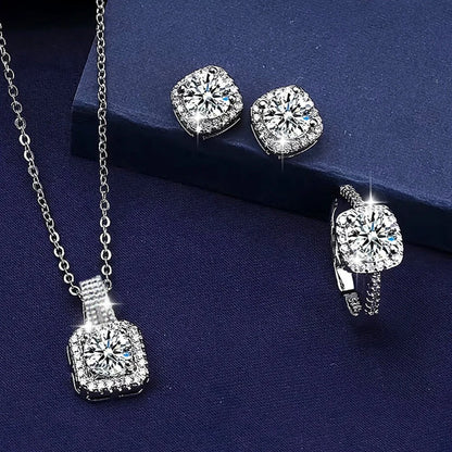 Luxury 3PCS Zircon Jewelry Set – Shiny Geometric Necklace, Earrings & Ring