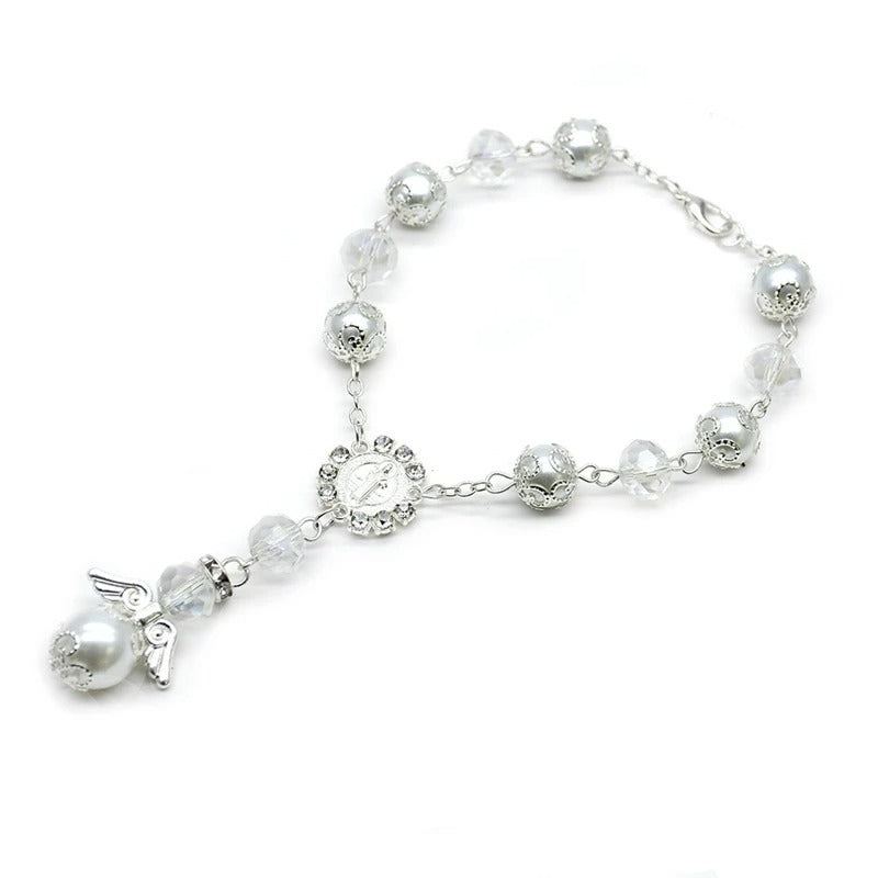 Angel Baptism Pearl & Crystal Rosary Bracelet White Blue