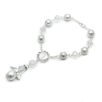 Angel Baptism Pearl & Crystal Rosary Bracelet White Blue