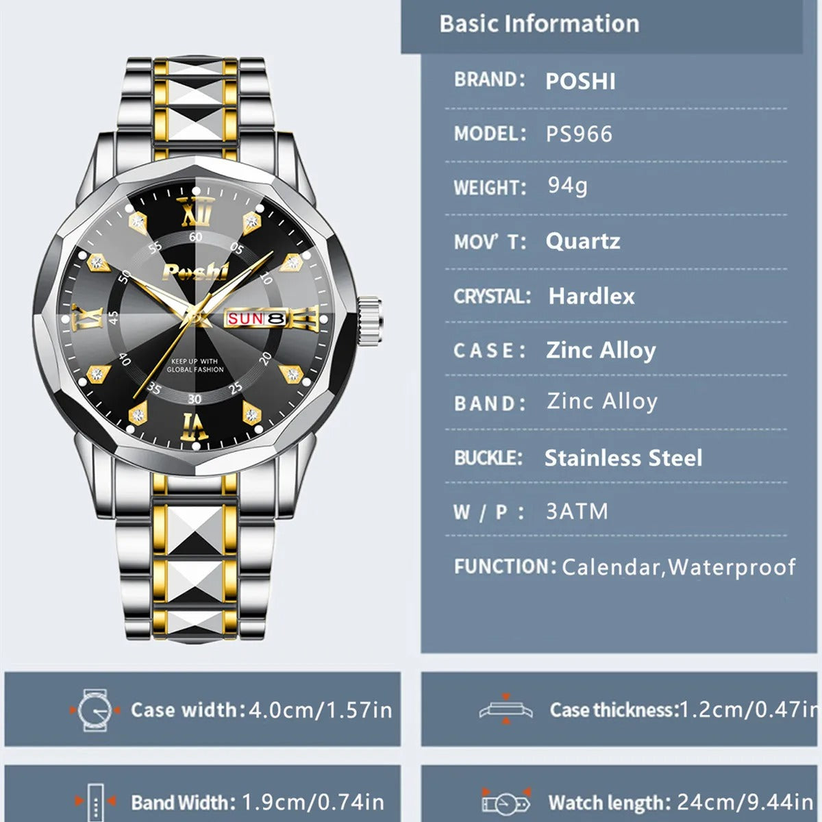 POSHI Men's Fashion Quartz Watch – Waterproof Luminous Dual Calendar Wristwatch