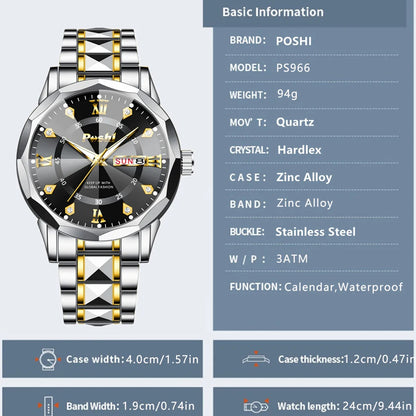 POSHI Men's Fashion Quartz Watch – Waterproof Luminous Dual Calendar Wristwatch