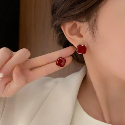 Women’s Wine Red Square Stud Earrings Korean Temperament Jewelry