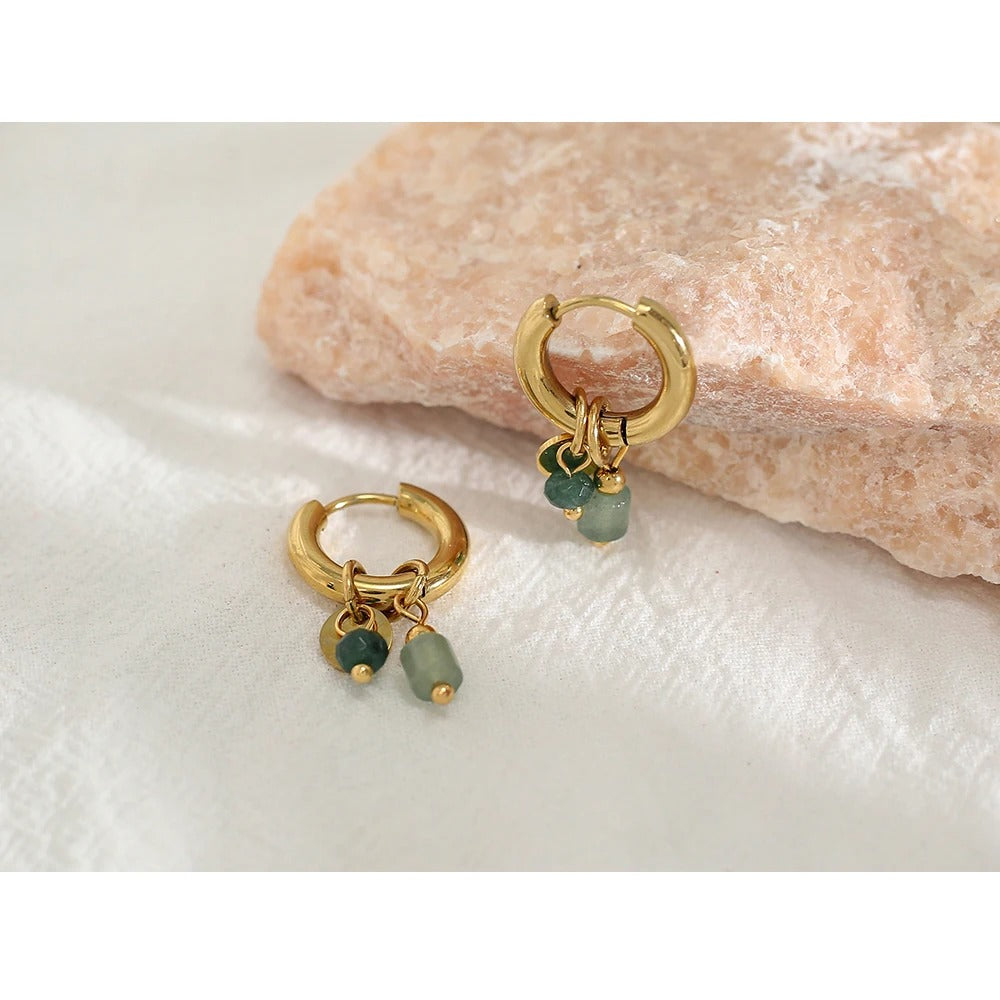 Women Gold Plated Stainless Steel Hoop Earrings Green Stone Charms