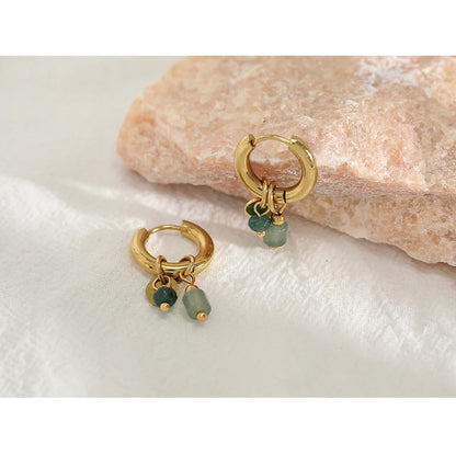 Women Gold Plated Stainless Steel Hoop Earrings Green Stone Charms