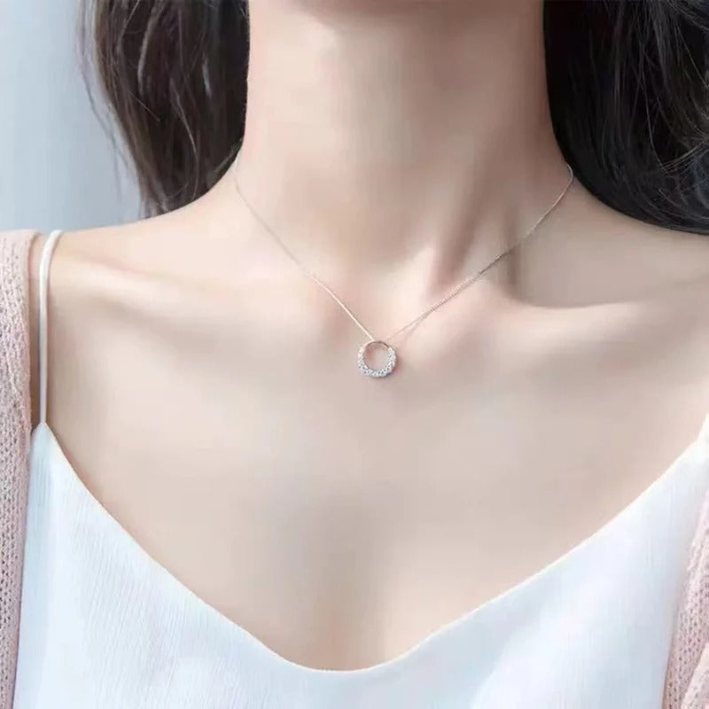 New 925 Sterling Silver Round Zircon Necklace Simple Style Pendant Choker Shiny Charm Woman Necklace Birthday Gift Fine Jewelry