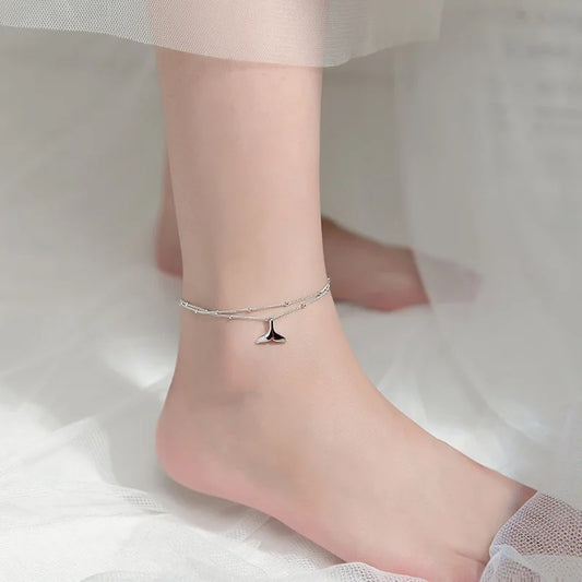 Real 925 Sterling Silver Double layer Mermaid Tail Charm Pendant Link Chain Anklet Party Jewelry for Women Beach Jewelry