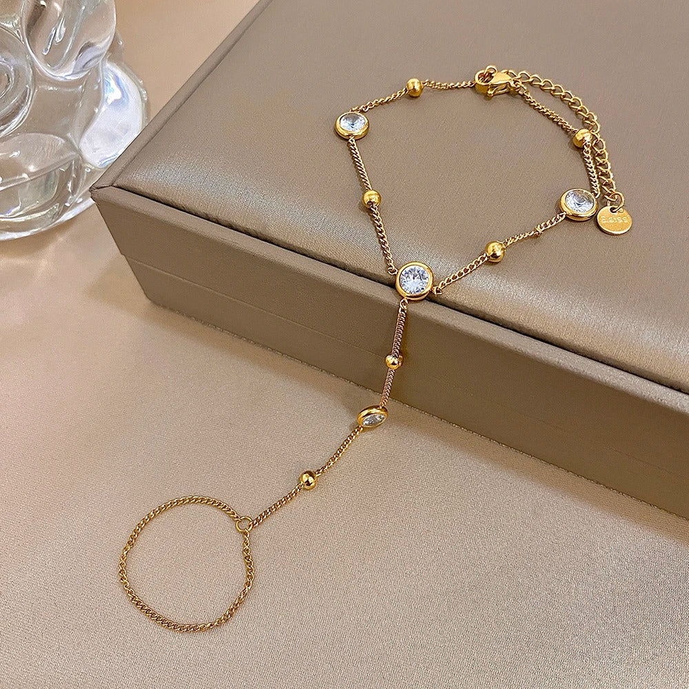 Stainless Steel Ring Bracelet Round Rhinestone Hand Chain Bracelets Women Elegant Gold Plated Summer Hand Jewelry Gift