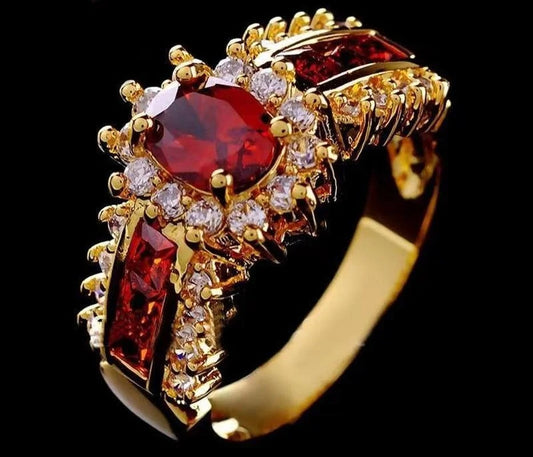 Luxurious Blue Red Zircon Fashion Men's and Women's Rings Gold Color Anniversary Unisex Jewelry Wedding Rings