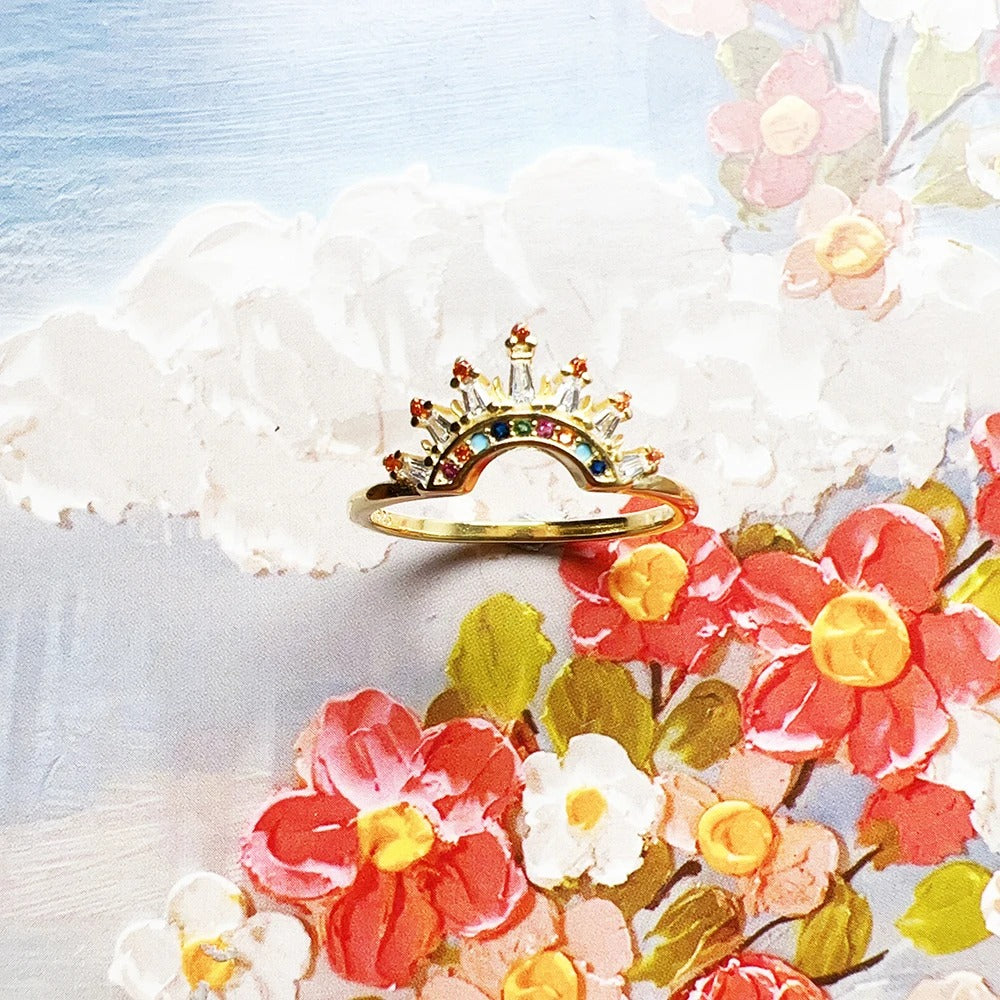 Gold Plated Ring Colourful Sun Beams Europe Bohemia Fine Jewelry For Women Brand New Real 925 Sterling Silver Gift