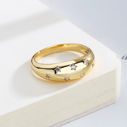 Vintage Crystal Star Chunky Gold Zirconia Ring Retro Punk Stacking Jewelry for Women