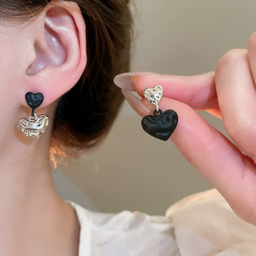 Silver Color Heart Drop Earrings for Women Black Contrast Color Double Loves Shape Dangle Earrings Party Jewelry