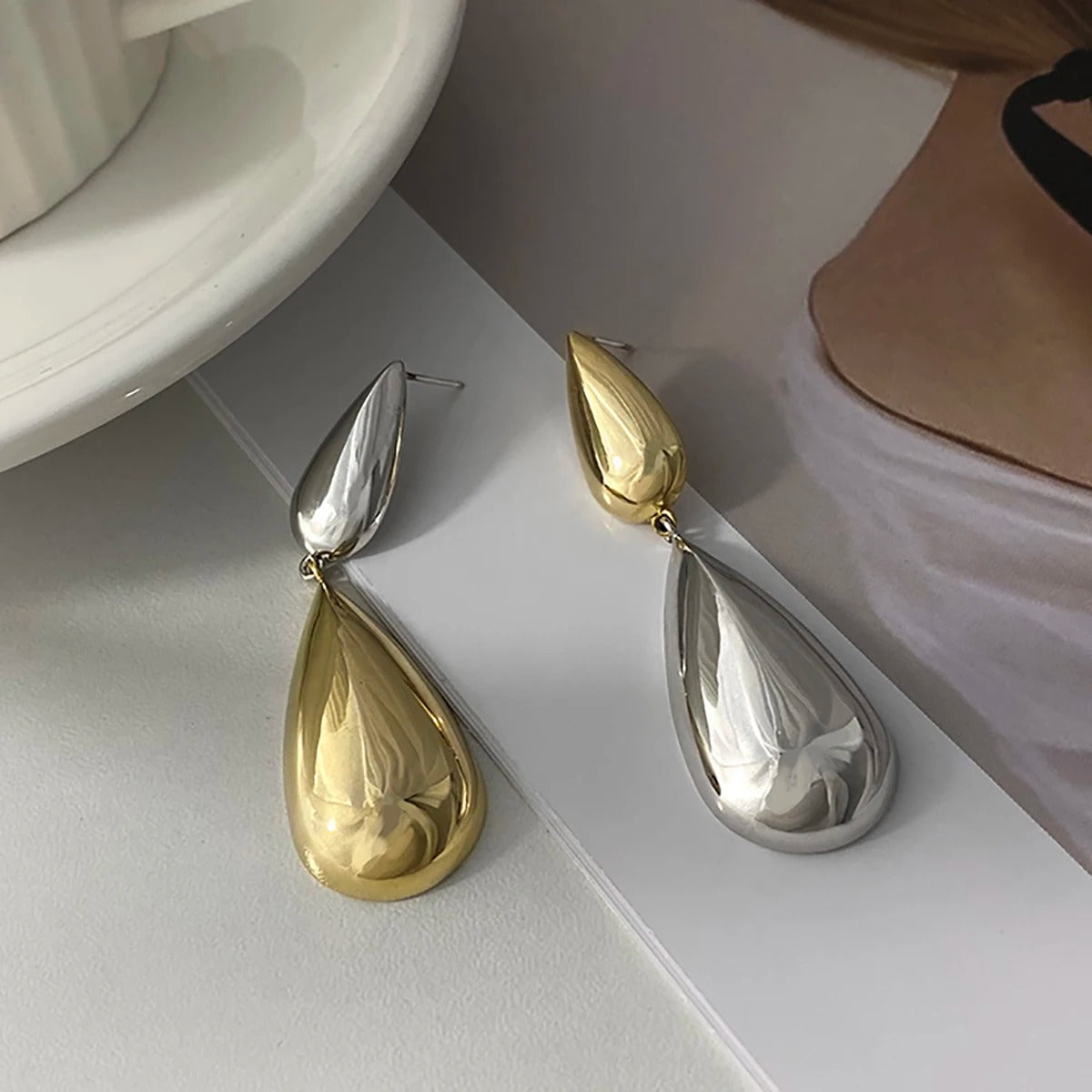 Geometric Water Drop Earrings Gold Silver Long Dangle Jewelry