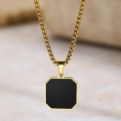 Stainless Steel Black Geometric Square Pendant Necklace Men And Women Design Sense Temperament Sweater Chain Jewelry