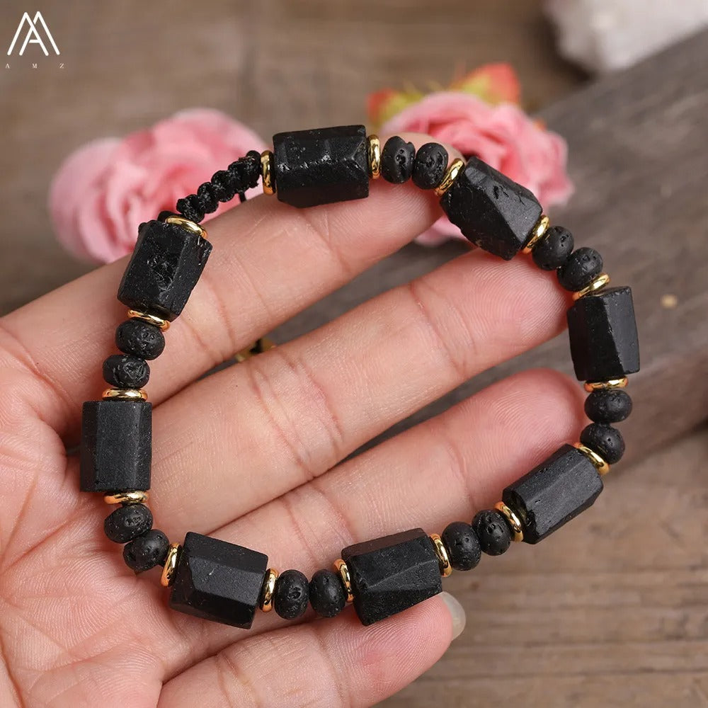 Natural Black Tourmaline Nugget Bead Bracelet Adjustable Women