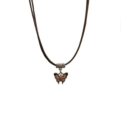 Men & Women Double Layer Leather Choker Necklace Butterfly Pendant