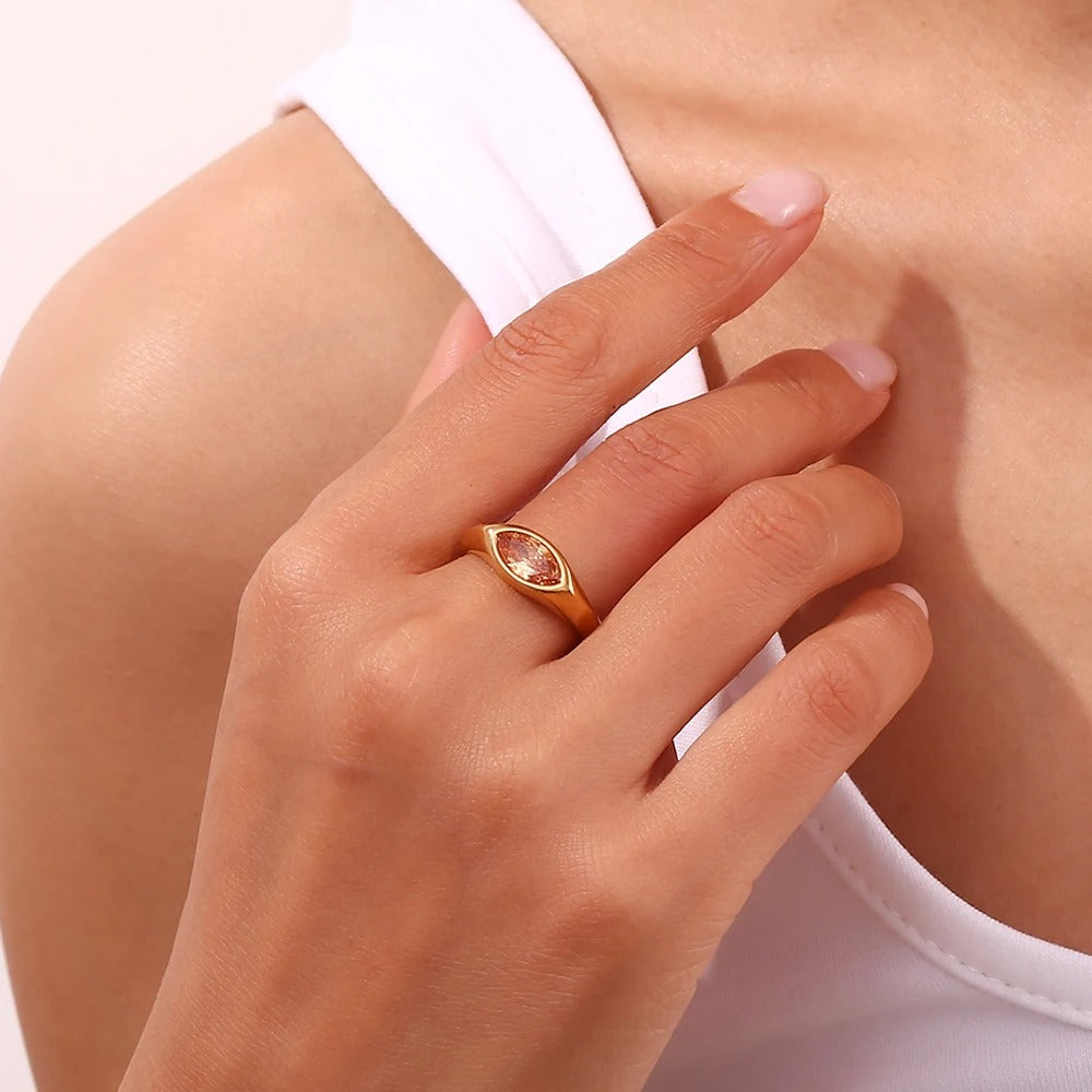 Horse Eye Zircon Seal Ring Colorful Hypoallergenic Stainless Steel Decoration Gold Plated Jewelry