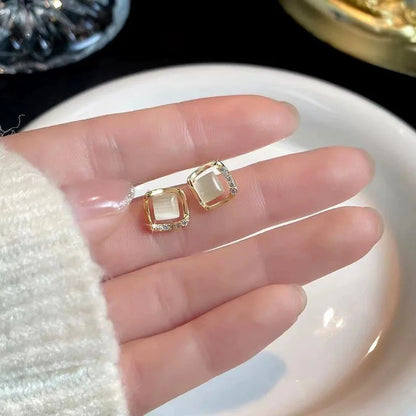Geometric Rhombus Opal Stud Earrings with Rhinestones
