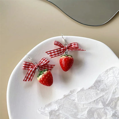 3D Strawberry Fruit Earrings with Green Leaves for Girls