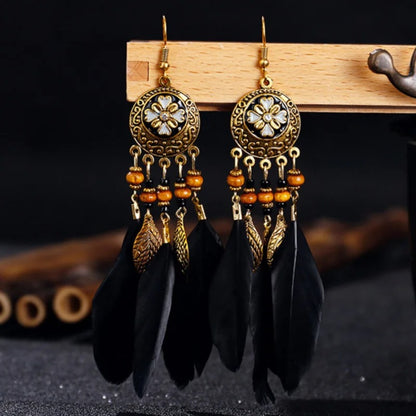 Bohemian Vintage Long Earrings Carved Leaf & Feather Tassel