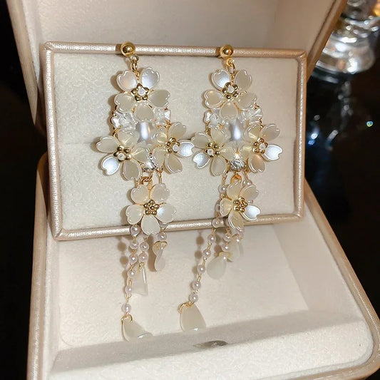 Pearl Tassel Flower Drop Earrings Women’s Romantic French Jewelry