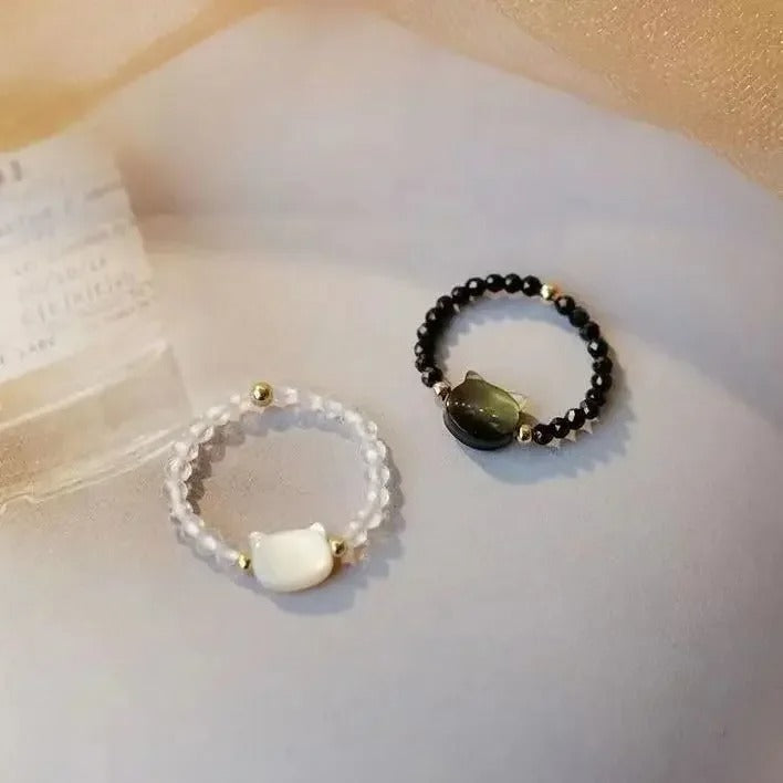 Adjustable Cat Rings Set Moonstone and Obsidian Gemstone Jewelry