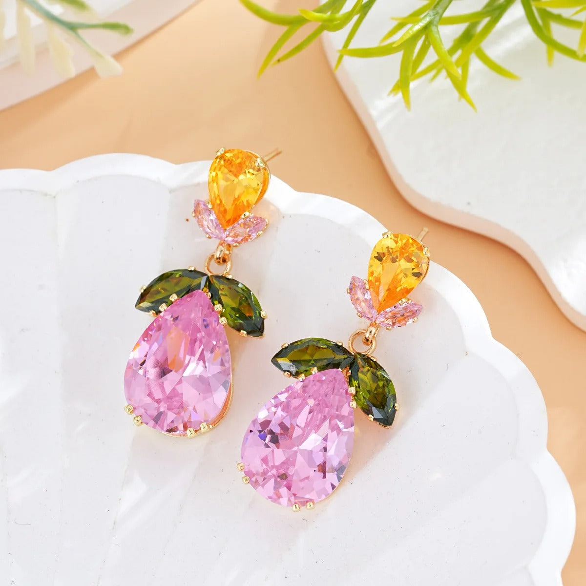 Pink Zircon Water Drop Flower Dangle Earrings for Women