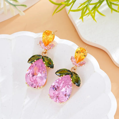 Pink Zircon Water Drop Flower Dangle Earrings for Women