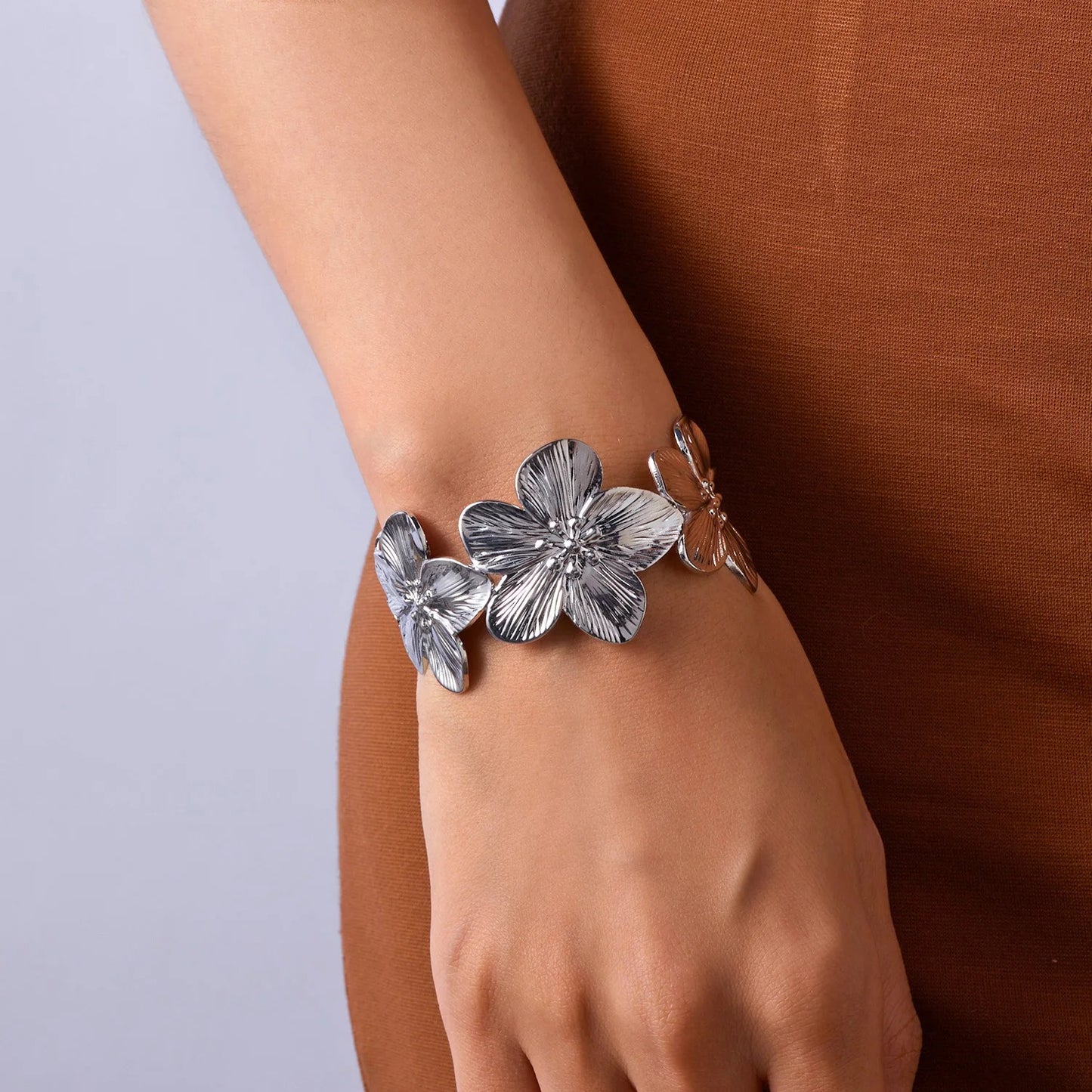 Gold Plated Butterfly & Flower Cuff Bracelet Adjustable Stainless Steel