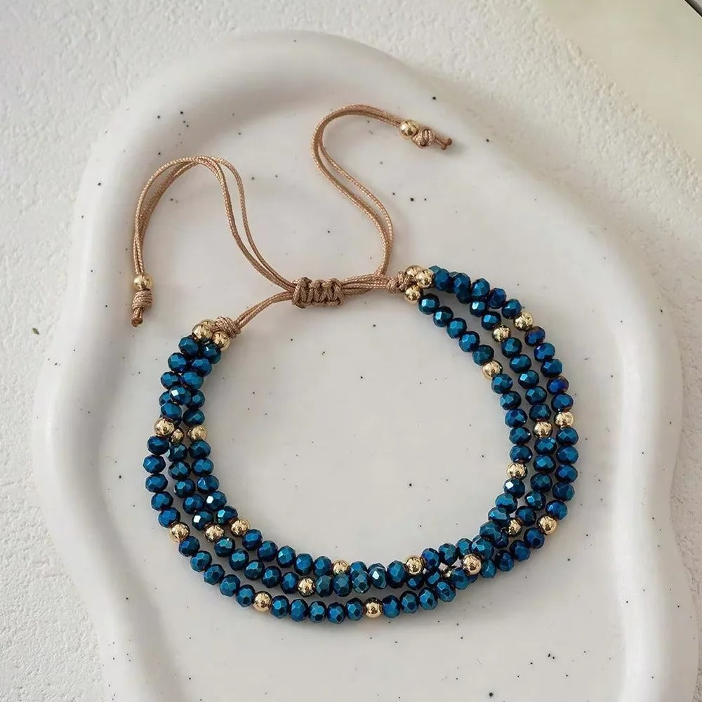 3 Layers AB Blue Gold Color Beaded handmade Adjustable Bracelet For Women Vintage Design String Weaving Knots Bracelet Jewelry