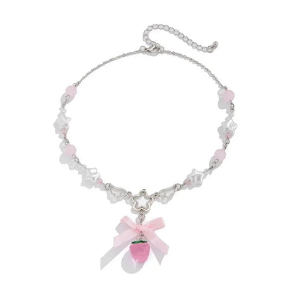 2025 New Cute Bowknot White Pentagram Pink Strawberry Pendant Choker Necklace Goth Vintage Y2K Girls Rave Jewelry Accessories
