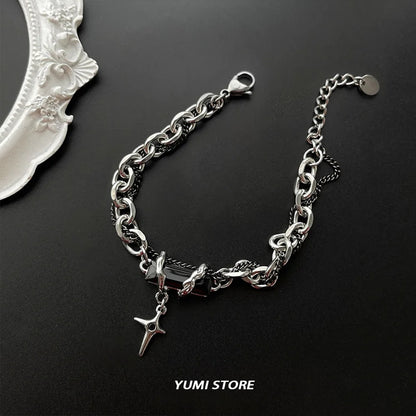 Black Zircon Star Bracelet Titanium Steel Punk Unisex Jewelry