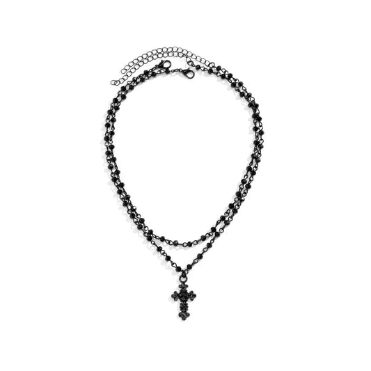 2Pcs/Set Gothic Black Cross Jesus Pendant Choker Necklace for Women Punk Vintage Metal Beads Chain Neck Jewelry Accessories