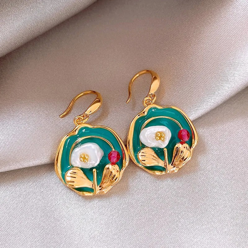 Women’s Vintage Oil Painting Flower Earrings Pearl Drop Jewelry