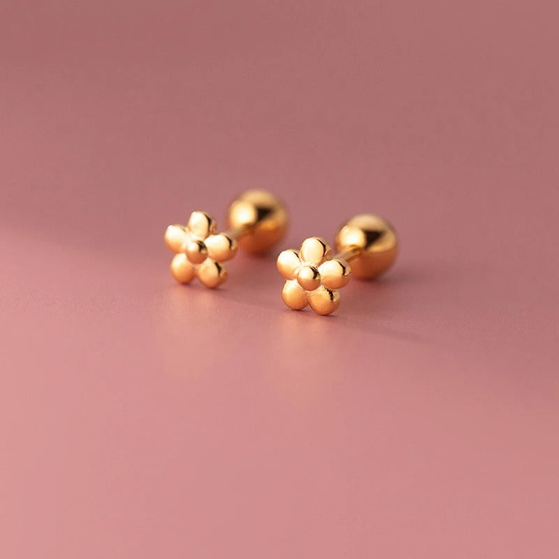 Real 925 Sterling Silver 18K Gold Flower Bead Stud Earrings For Women Party Trendy Fine Jewelry Minimalist Accessories
