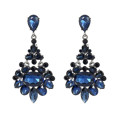 Bridal Long Drop Earrings Dark Blue Gray Champagne Crystals
