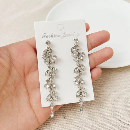 Silver Maple Leaf Zircon Tassel Long Earrings for Women