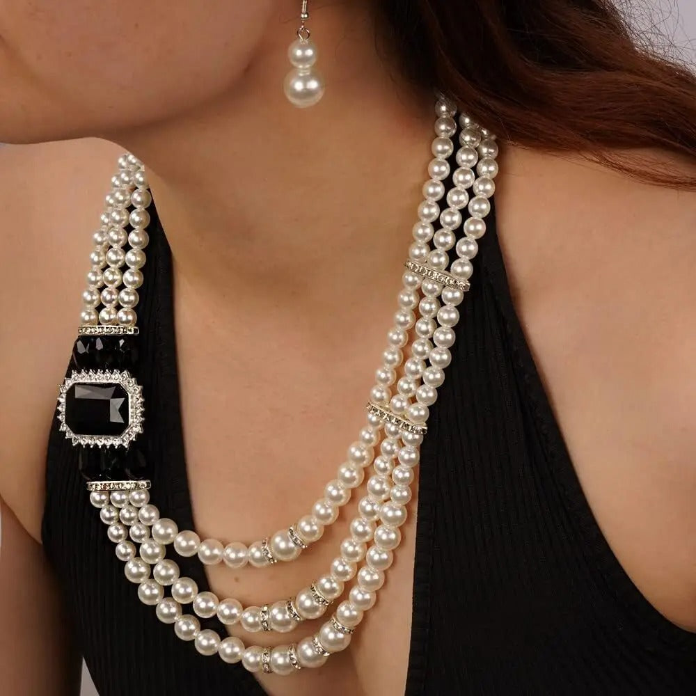 Bridal Jewelry Set Trendy Fashion 3-layer Imitation Pearl Crystal Rhinestone Necklace And Earrings Women's Party Accessories