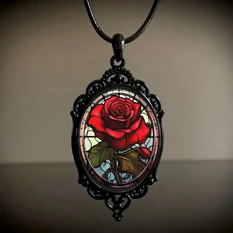 Black Floral Pendant Necklace - Glass with Elegant Frame - Ideal for Romantic Gifts & Special Occasion