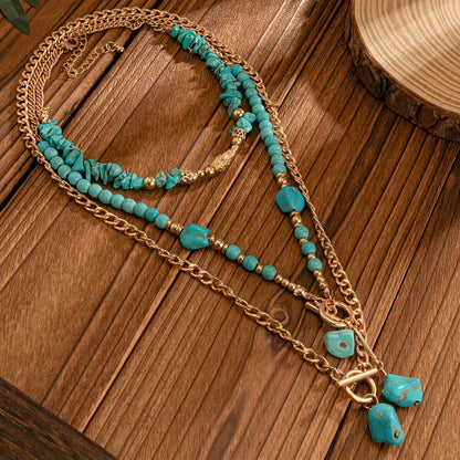3Pcs Vintage Blue Natural Stone Beads Choker Necklaces for Women Bohemia Geometry Pendant Necklace Trendy Neck Jewelry