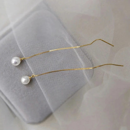 Huitan Dainty Long Hanging Pearl Earrings Elegant Gold Color Engagement Jewelry for Women