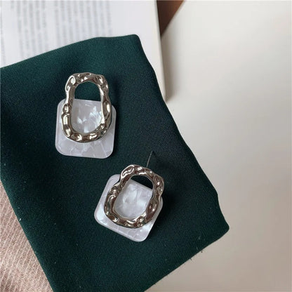 White Acrylic Square Drop Earrings Women Gold Metal Dangle Jewelry
