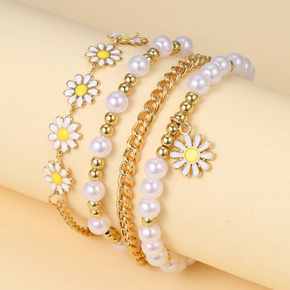 4-Pc Vintage Daisy Pearl Bracelet Set for Women Bohemian Style
