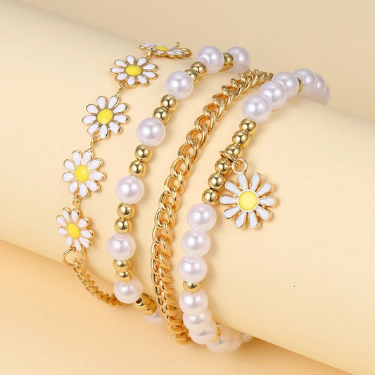 4-Pc Vintage Daisy Pearl Bracelet Set for Women Bohemian Style