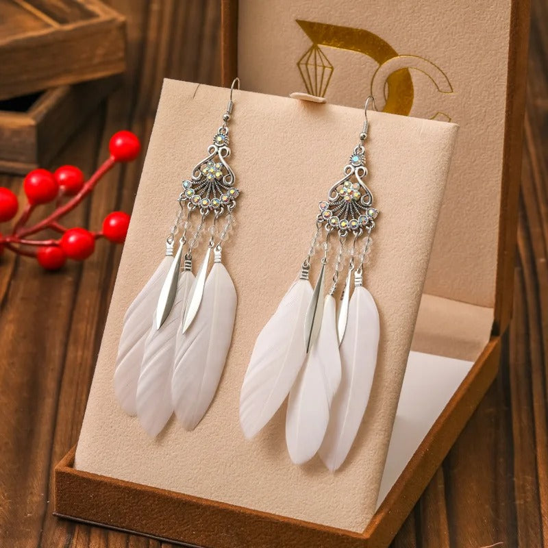 Ethnic Style Long Drop Crystal Beads Feather Earrings Women