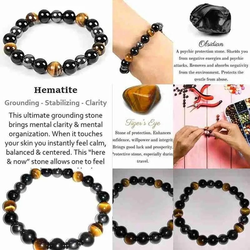 Natural Stone Beaded Bracelet Magnetic Hematite Black Obsidian